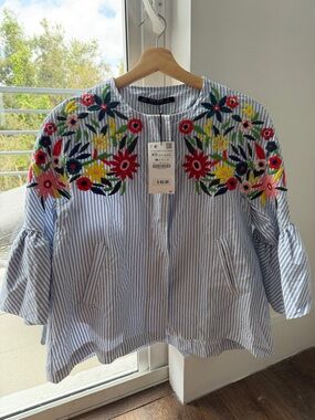 Zara Blue & White Striped Top with Multicolor Floral Embroidery